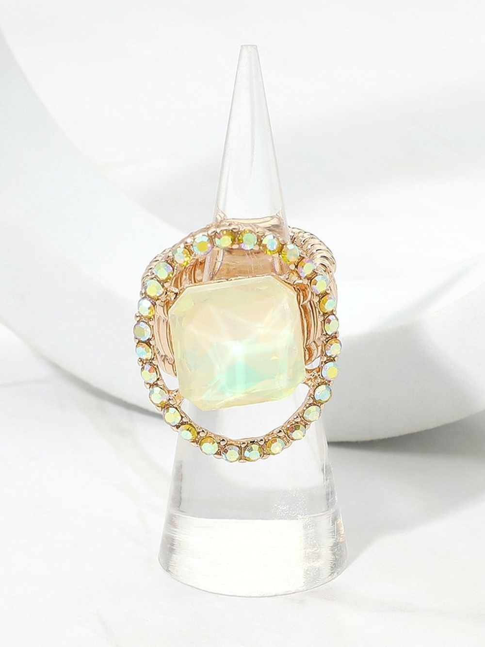 Yellow Crystal Square Stone Rhinestone Rim Stretch Ring Finger Statement Jewelry